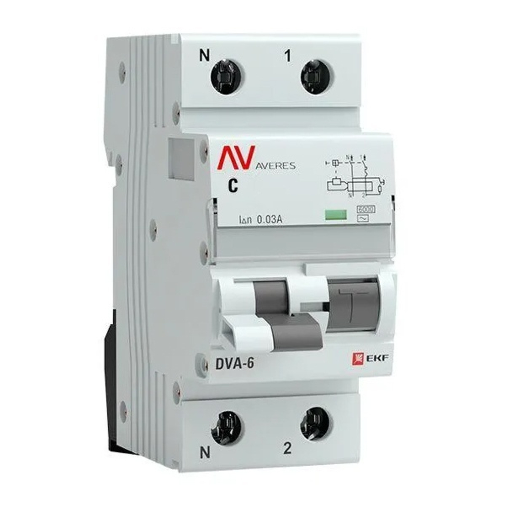 Дифавтомат AVERES DVA-6 C16А 1P+N 30мА тип A однофазный электромеханический 6кА EKF (дифференциальный автомат, АВДТ) rcbo6-1pn-16C-30-a-av