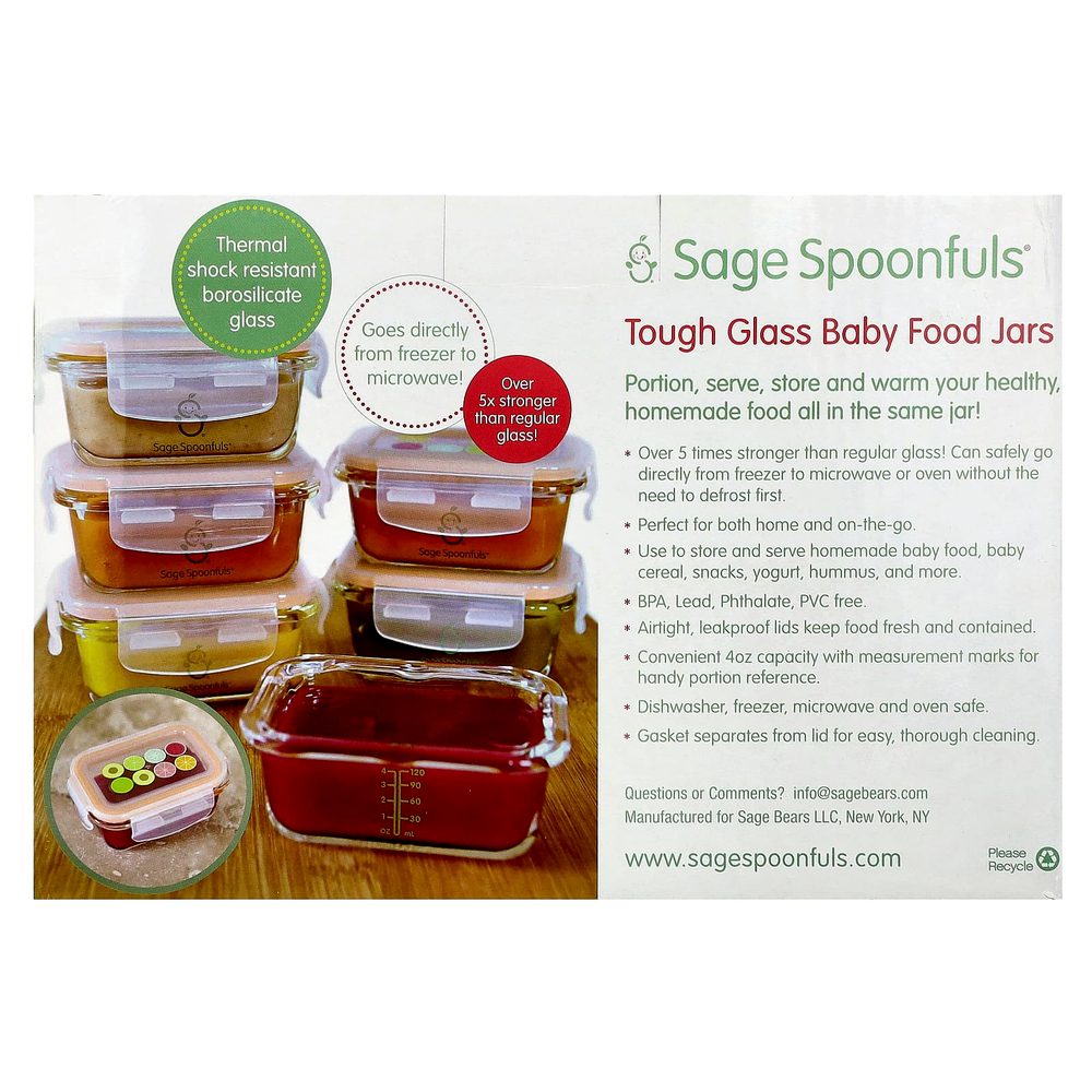 Sage Spoonfuls, Жесткие стеклянные баночки для детского питания, 6 упаковок по 120 мл (4 унции)