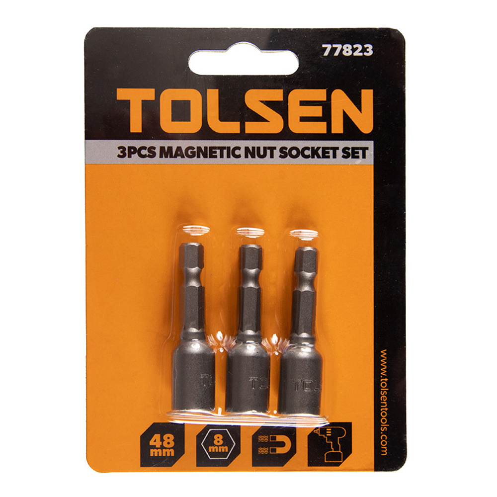 TOLSEN (TT77823) Набор головок для шуруповерта шестигранных 1/4", 8 мм, 48 мм, магнитных, 3 предмета