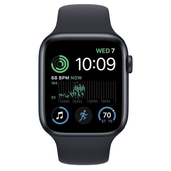 Умные часы Apple Watch Series SE Gen 2 44мм из алюминия цвета «тёмная ночь», спортивный ремешок «тёмная ночь» (M/L 150–200mm)
