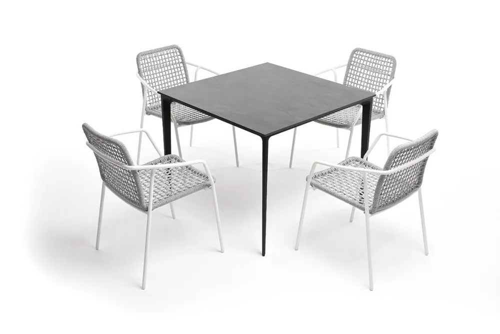 "Малага" обеденная группа на 4 персоны со стульями "Тунис", каркас белый, роуп светло-серый