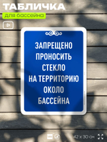 Табличка для бассейна "Запрещено проносить стекло на территорию около бассейна", на пляж, для общественной и частной зоны отдыха, информационная, 40х30 см, Silver Plane x Айдентика Технолоджи