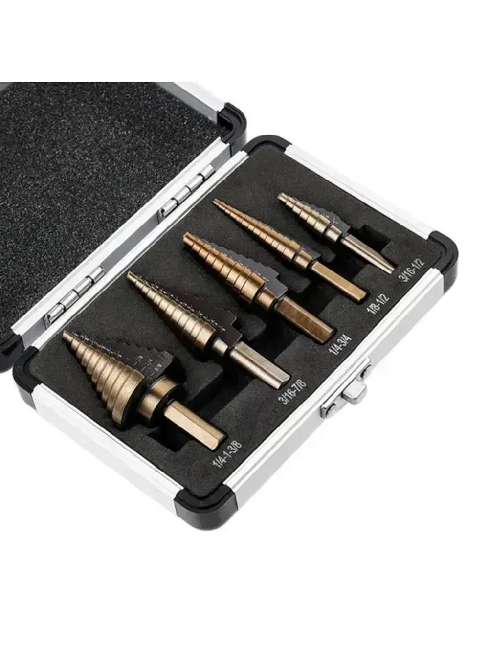 Набор ступенчатых сверл по металлу с титановым покрытием в кейсе 5шт, трехгранный хвостовик/сверла по металлу