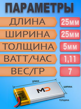 Аккумулятор (батарея) 502525 300mah 3,7v (25х25х5 мм)