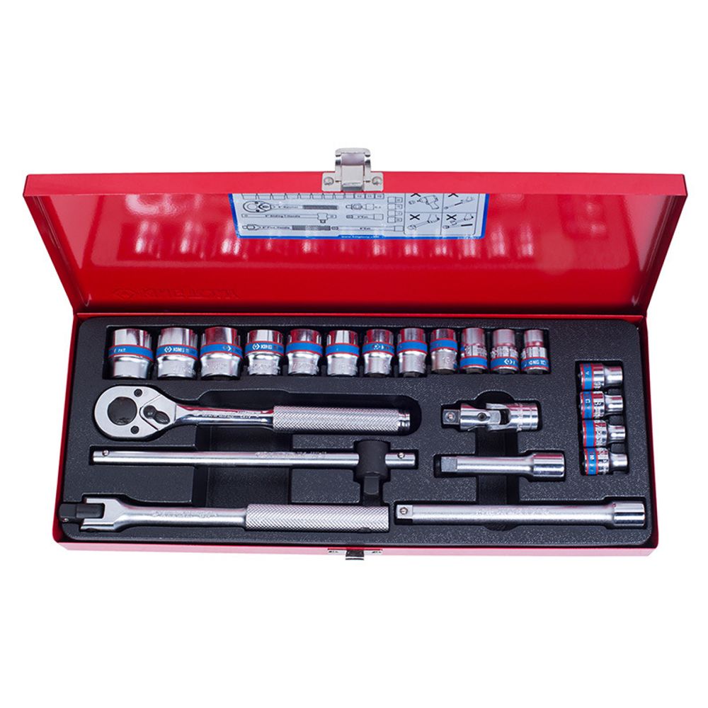 KING TONY (3023MR) Набор торцевых головок с принадлежностями 3/8", 12-гранные, 6-22 мм, 22 предмета