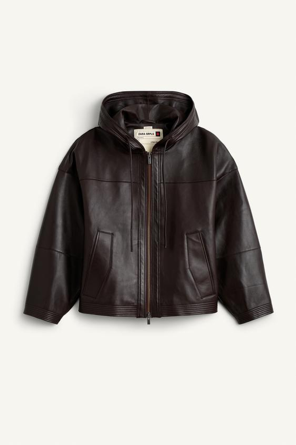 ZARA СВОБОДНАЯ КУРТКА ИЗ КОЖИ, ТЁМНО-КОРИЧНЕВЫЙ