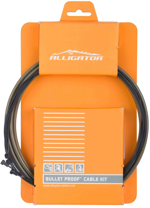 Комплект LY-KSPTB Alligator: 2 троса тормоза из нержавеющей стали, покрытых тефлоном 1,6х1000 мм + 1,6х2000 мм, 5-ти слойная оболочка Bullet Proof 5,0х2300 мм, наконечники оболочек 4 шт. HPA08 + 2 шт. HPA09, 2 направляющие троса IPR08, 2 наконечника троса IPA03