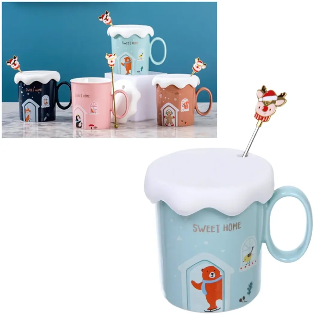 Кружка керамическая 430мл «SWEET HOME» с крышкой и ложкой