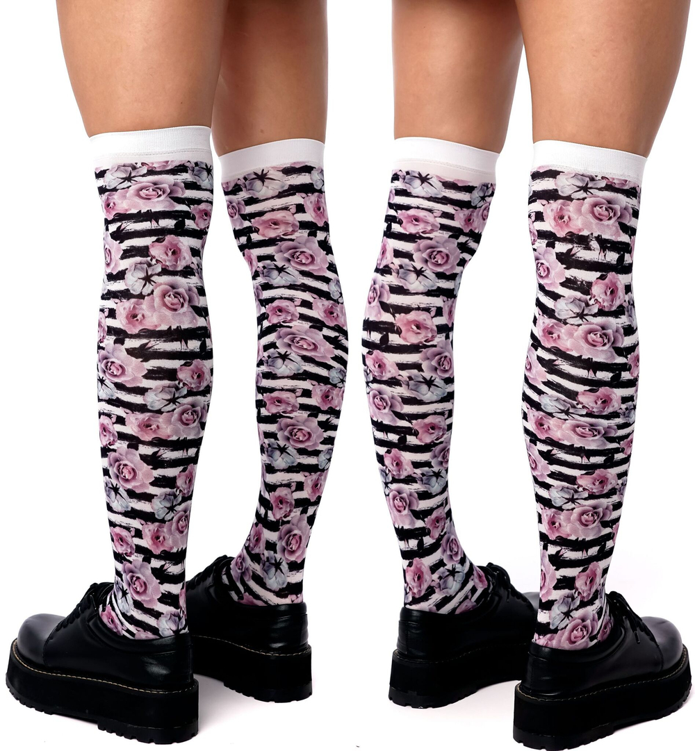 Гольфы в полоску с принтом в виде роз (Цвет: белый)