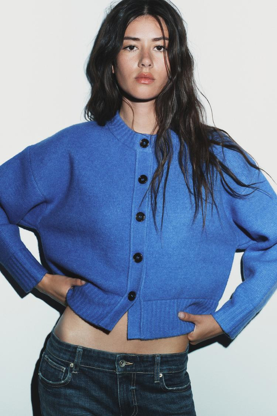 ZARА МЯГКИЙ КАРДИГАН ИЗ ТРИКОТАЖА, ЯРКО-СИНИЙ