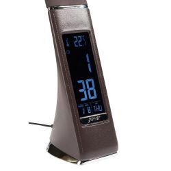 TLD-542 Brown-LED-300Lm-5000K-Dimmer Светильник настольный c часами. календарем. термометром. 5W. Сенсорный выключатель. Коричневый стилизован под кожу. TM Uniel.