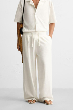 ZARA БРЮКИ СВОБОДНОГО КРОЯ С ТЕКСТУРОЙ, БЕЛЫЙ