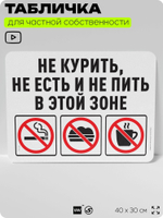Табличка для частной территории "Не курить, не есть и не пить в этой зоне", на дом, для участка, организаций и частных территорий, предупреждающая, 40х30 см, Silver Plane x Айдентика Технолоджи