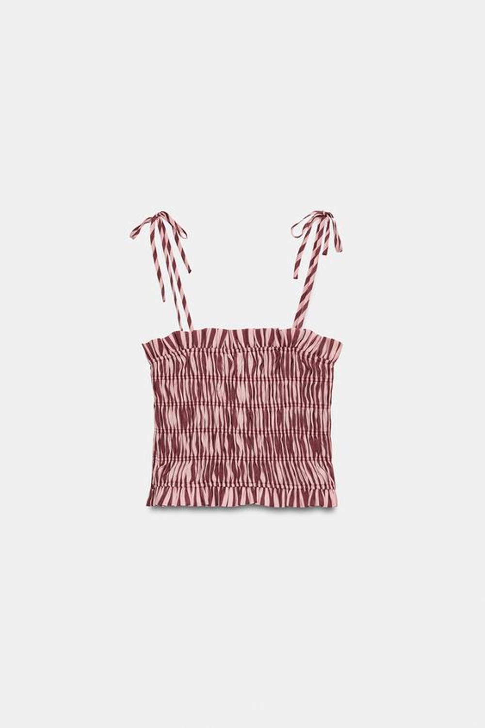 ZARA ТОП НА БРЕТЕЛЯХ В ПОЛОСКУ С РЮШАМИ, ОТТЕНКИ РОЗОВОГО