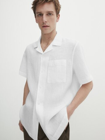Massimo Dutti Льняная рубашка облегающего кроя с короткими рукавами, белый