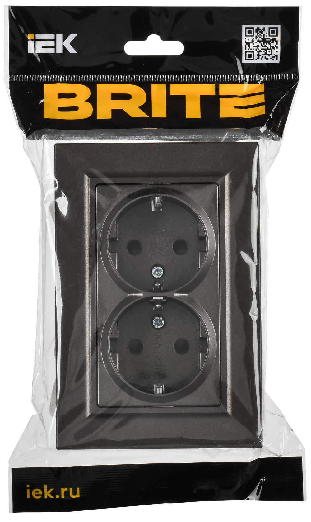 BRITE Розетка 2-местная с заземлением с защитными шторками плоская 16А в сборе РСшПл12-3-БрТБ темная бронза IEK