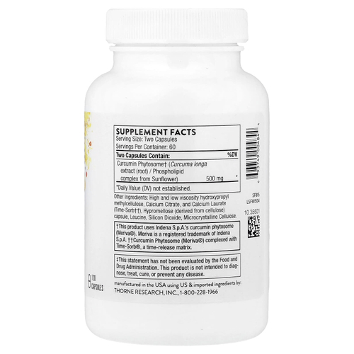 Thorne, фитосомы куркумина с длительным высвобождением, 120 капсул (250 мг в 1 капсуле)