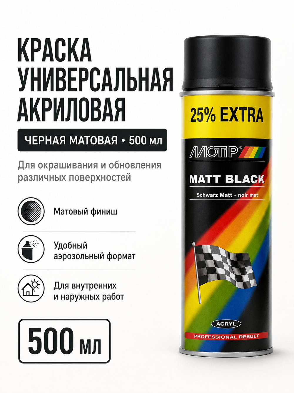 MOTIP Краска универсальная акриловая черная матовая 500мл