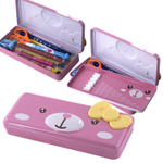 Пенал металлический 2 отделения Alingar, таблица умножения, органайзер, 100 х 220 мм, "Мишка с бантиком", розовый