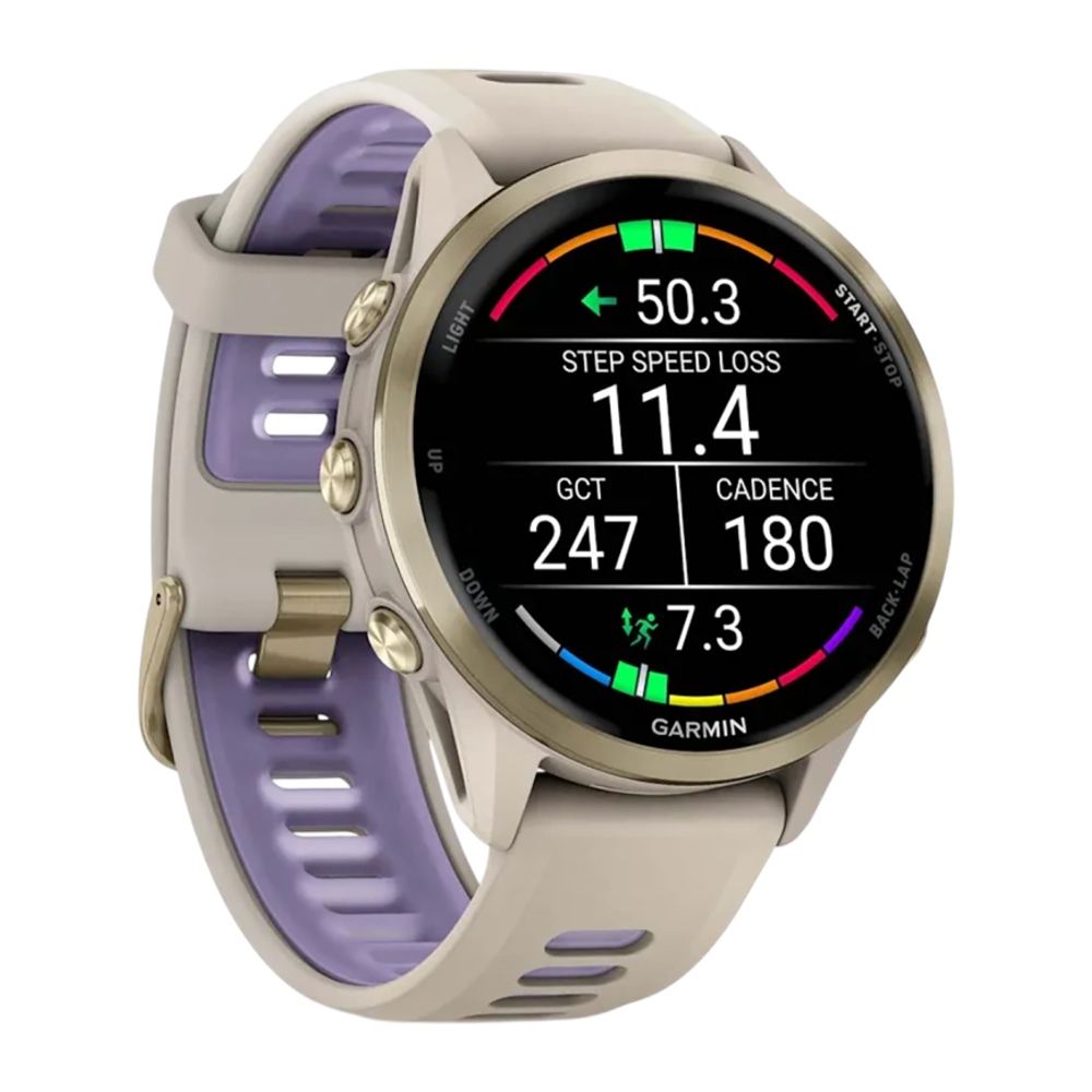 Спортивные часы Garmin Forerunner 970, силиконовый ремешок цвета «французский серый»/дымчато-синий Золотистый безель из титана, корпус цвета «французский серый», AMOLED-дисплей с сапфировым стеклом. Ремешок с классической застёжкой — на запястье обхватом