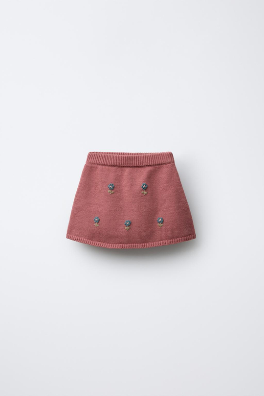ZARA ТРИКОТАЖНАЯ ЮБКА С ВЫШИТЫМИ ЦВЕТАМИ, МЯГКИЙ РОЗОВЫЙ