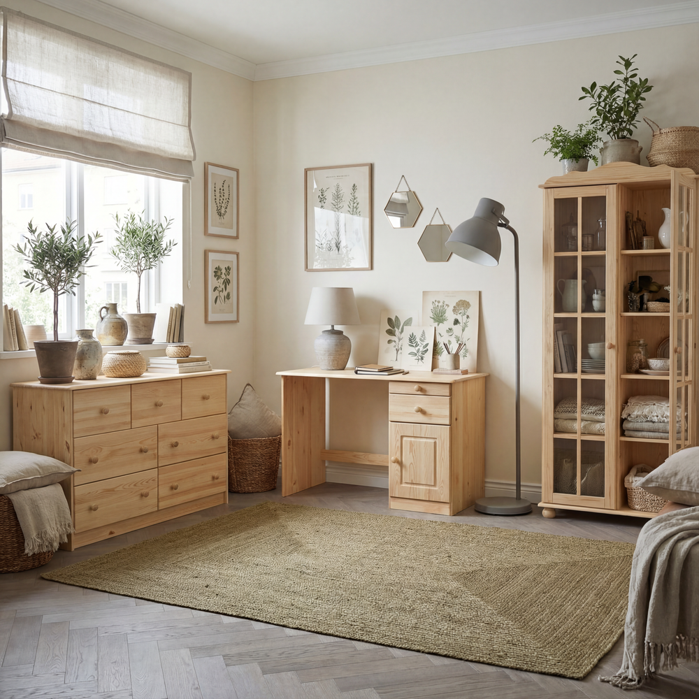 Письменный стол Вадим из массива сосны с ящиком и тумбой, лакированный