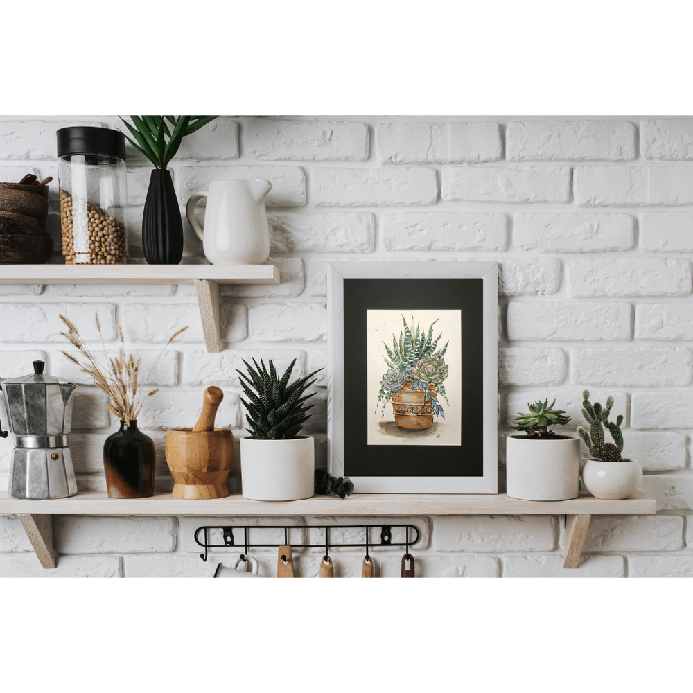 Картина авторская акварельная в паспарту 21х30 см на стену для интерьера "Суккуленты в горшке"