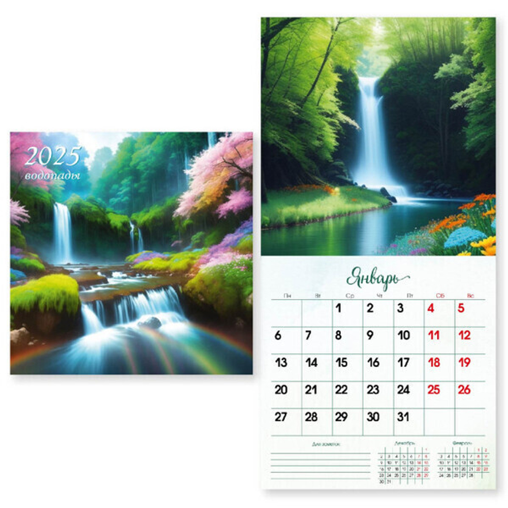 Календарь на скрепке 2025"Водопады» 29*29 см