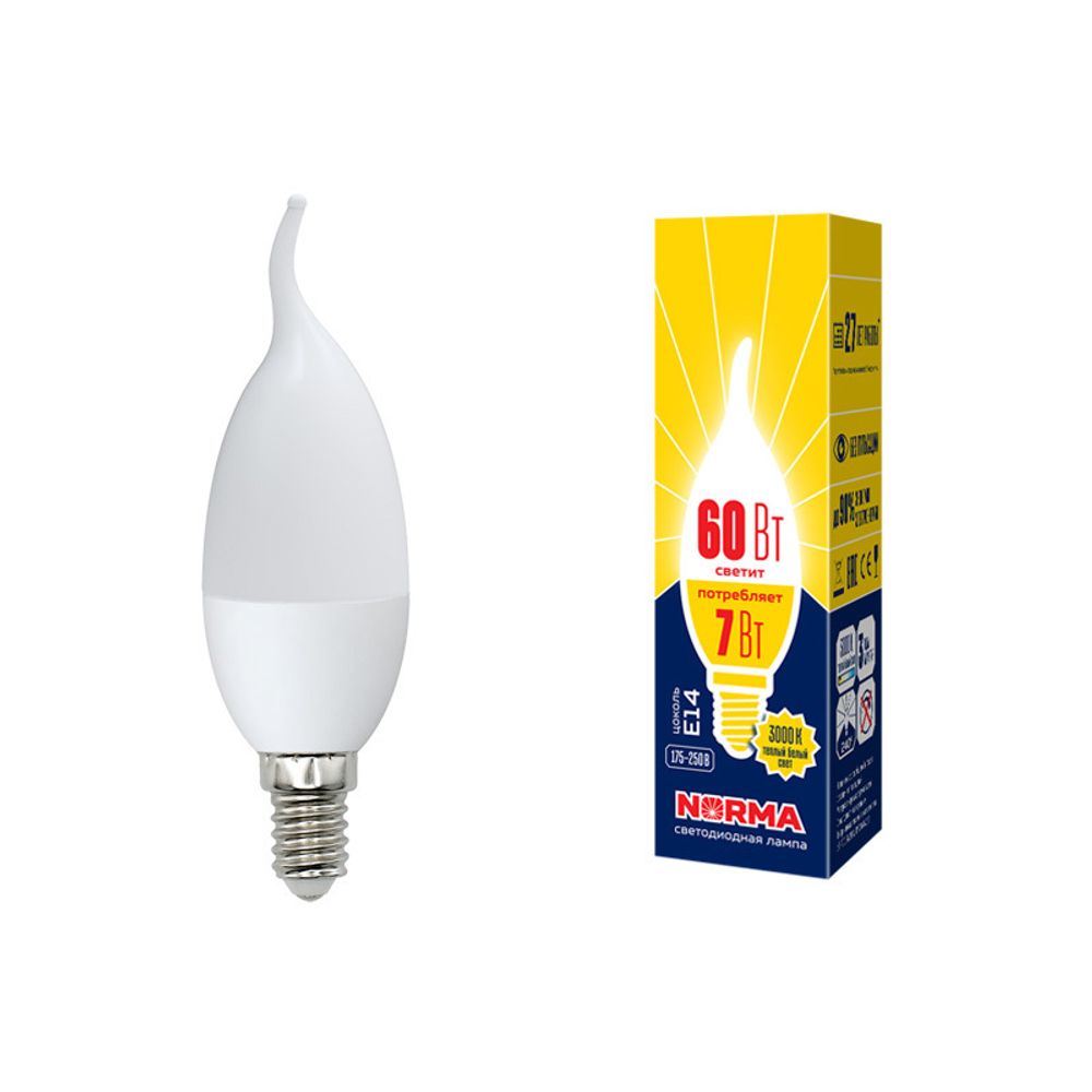 LED-CW37-7W/NW/E14/FR/NR Лампа светодиодная. Форма свеча на ветру, матовая. Серия Norma. Белый свет (4000K). Картон. ТМ Volpe