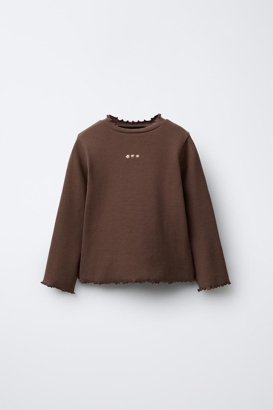 ZARA ФУТБОЛКА В РУБЧИК С ВЫШИВКОЙ, ШОКОЛАДНО-КОРИЧНЕВЫЙ