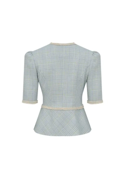 Жакет с объемными плечами и баской голубой