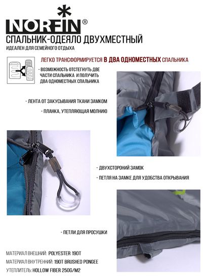 Спальный мешок NORFIN Alpine Comfort Double 250 (одеяло, +5°C)