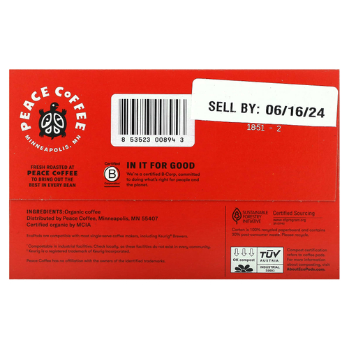 Peace Coffee, Organic Tree Hugger, темная обжарка, 12 стручков по 9,25 г (0,32 унции)