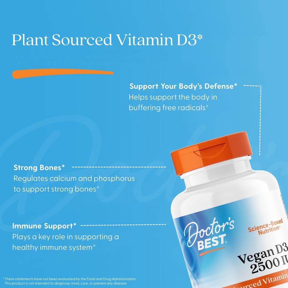 Doctor's Best, веганский витамин D3 с Vitashine D3, 2500 МЕ, 60 вегетарианских капсул