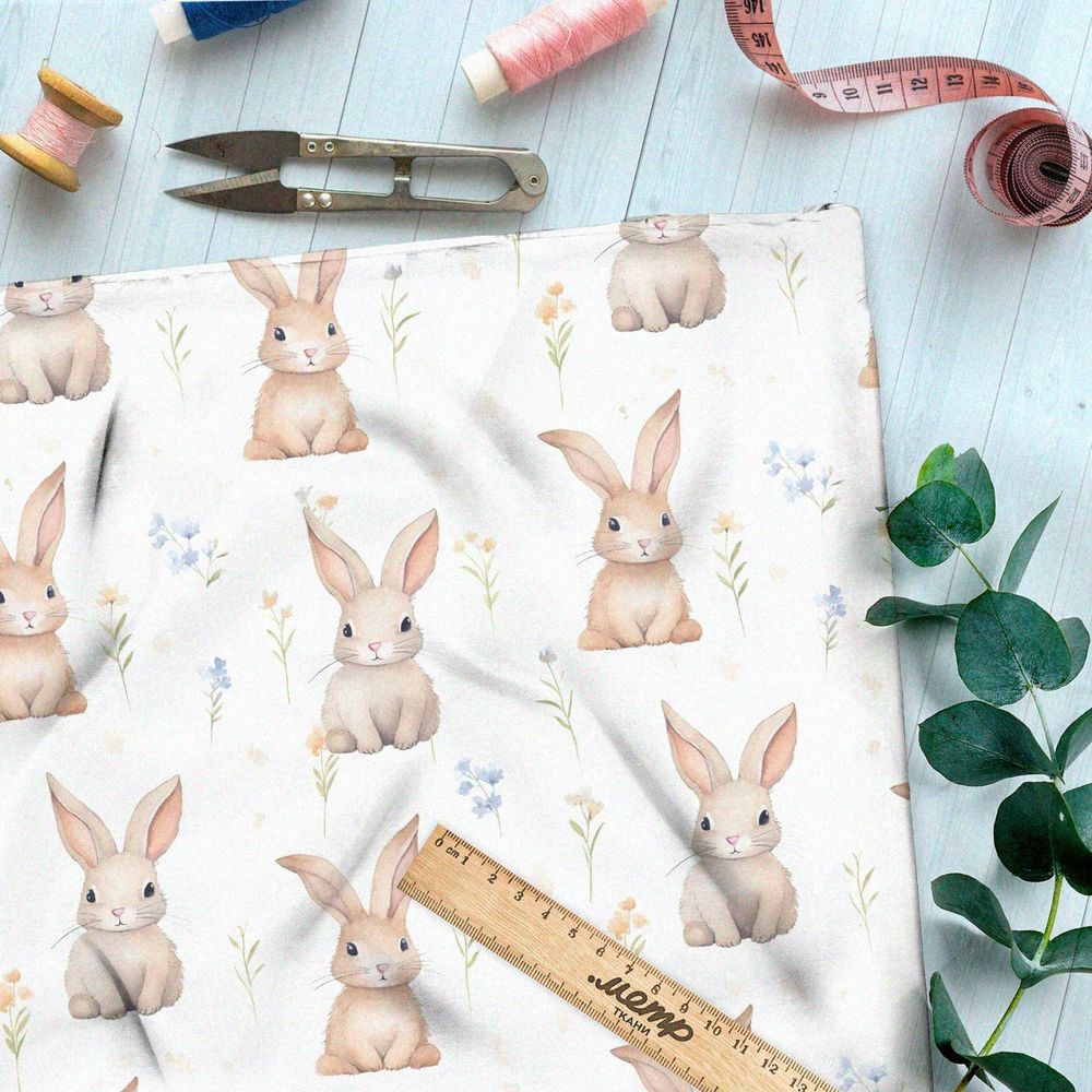 Ткань премиум бифлекс зайцы в полевых цветах