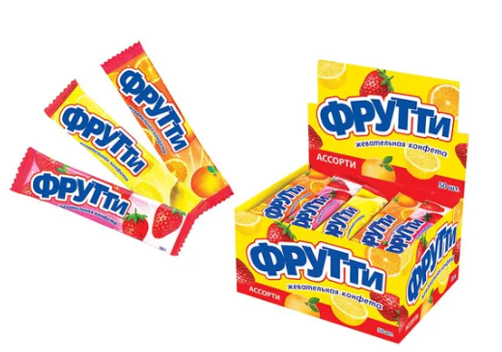 Жевательные конфеты "Фрутти" с ароматами Апельсина, Клубники, Лимона, 10г