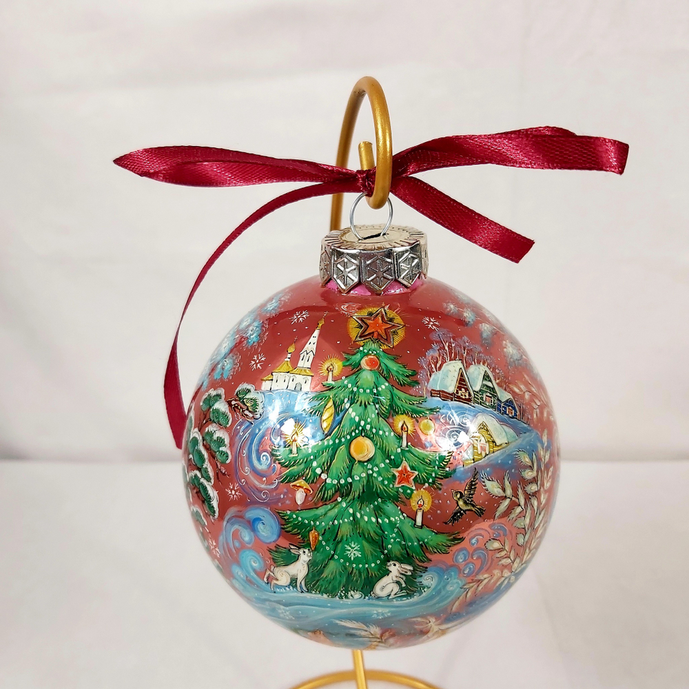 Шар новогодний с ручной росписью Палех "Тройка" в коробке