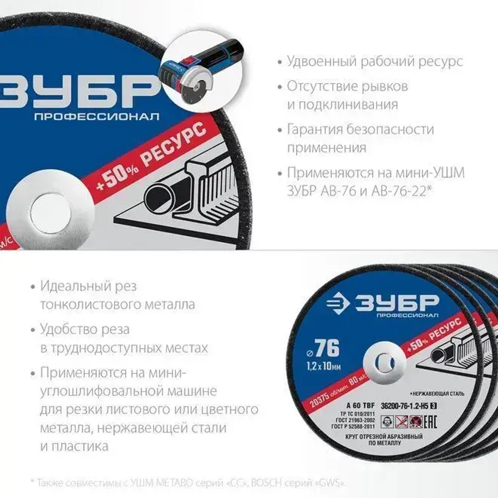 ЗУБР 5 шт., 76х1.2х10 мм, набор кругов отрезных по металлу 36200-76-1.2-H5_z03 Профессионал