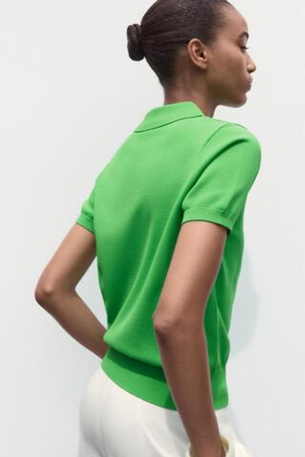 ZARA ТРИКОТАЖНЫЙ ТОП С ВОРОТНИКОМ ПОЛО И КОРОТКИМИ РУКАВАМИ, ЗЕЛЕНЫЙ