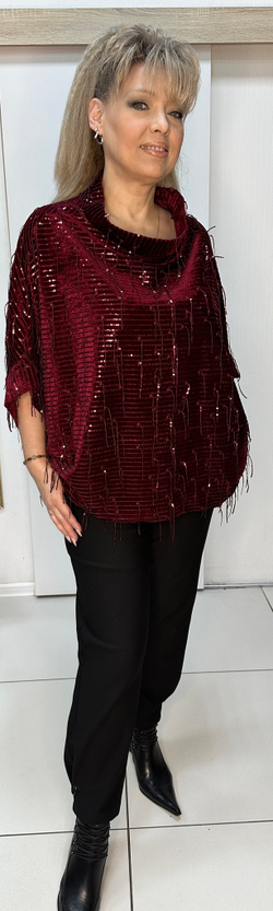 Нарядный бордовый блузон-туника с блестящими пайетками