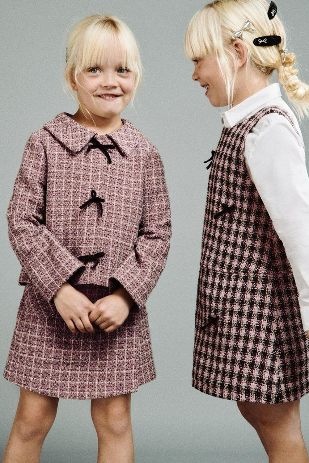 ZARA КУРТКА ИЗ РЕЛЬЕФНОЙ ТКАНИ В КЛЕТКУ С БАРХАТНЫМИ БАНТАМИ, ПАСТЕЛЬНО-РОЗОВЫЙ