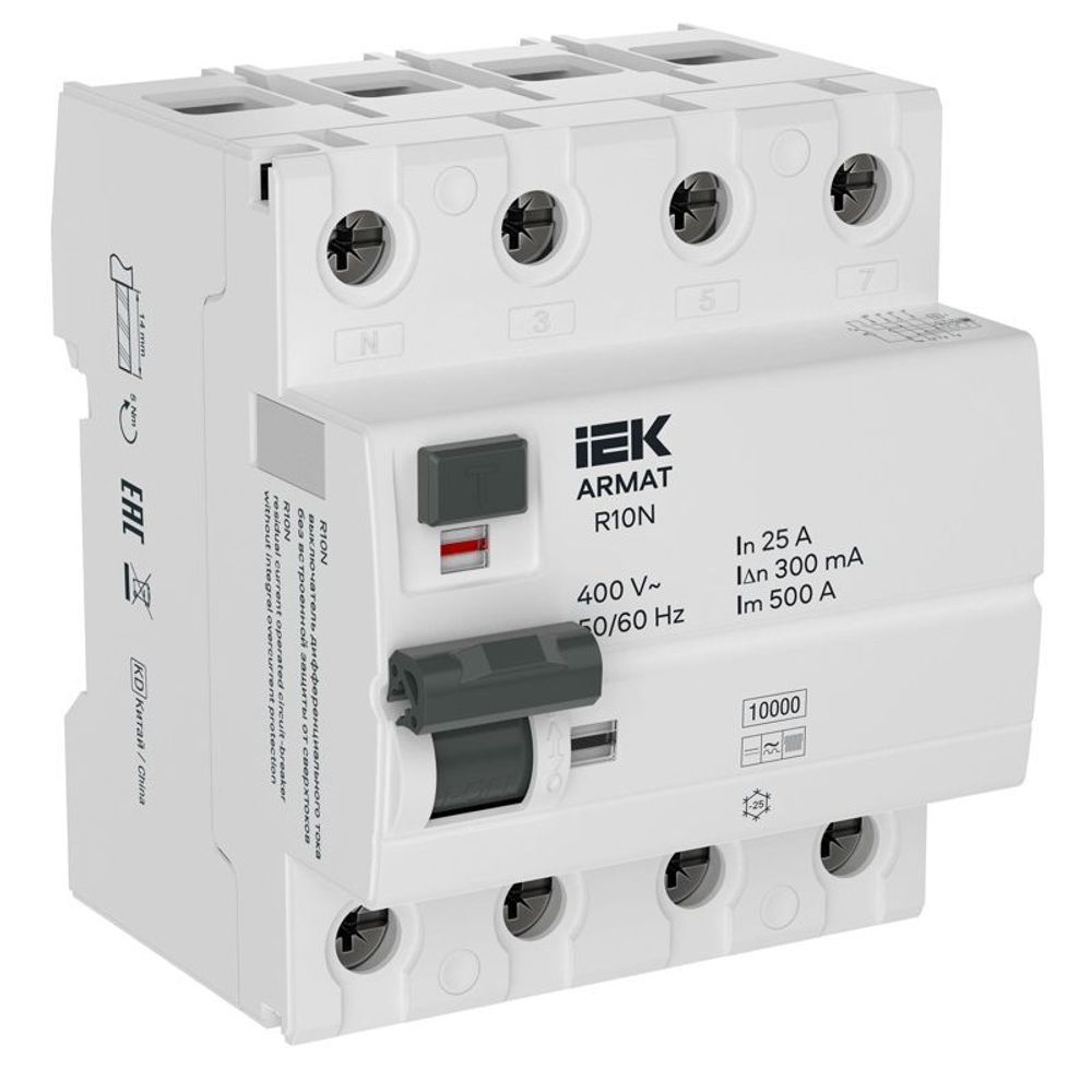 Выключатель дифференциального тока (УЗО) 4п 25А 300мА тип B ВДТ R10N ARMAT IEK AR-R10N-4-025B300 Выключатель дифференциального тока (УЗО) 4п 25А 300мА тип B ВДТ R10N ARMAT IEK AR-R10N-4-025B300