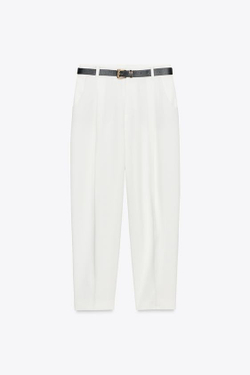 ZARA БРЮКИ С ЗАЩИПАМИ И РЕМНЕМ, ЖЕЛТОВАТО-БЕЛЫЙ