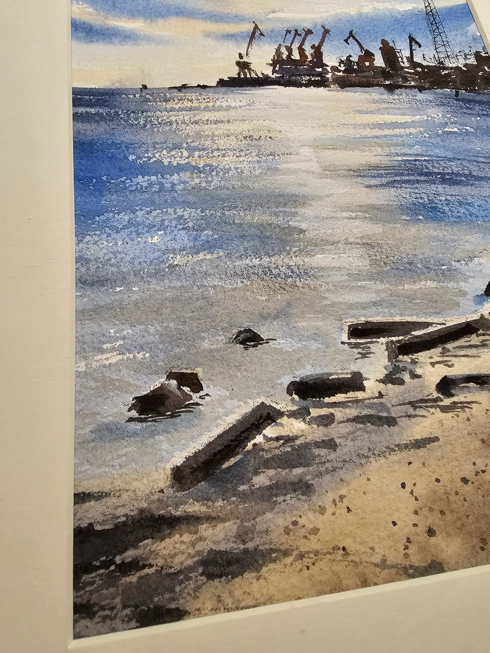 Картина авторская акварельная в паспарту 21*30 см на стену для интерьера "Зимний рассвет на портом в Таганроге"