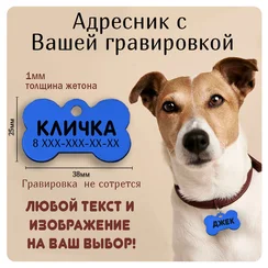 Адресник металлический для собак с гравировкой в виде косточки 38*25мм, синий, медальон для кошек