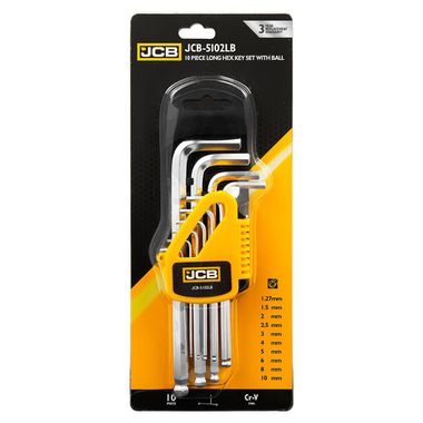 Ключи Г-образные 6-гранные длинные с шаром, набор 10пр. (1.27, 1.5, 2, 2.5, 3-6, 8, 10мм) JCB JCB-5102LB