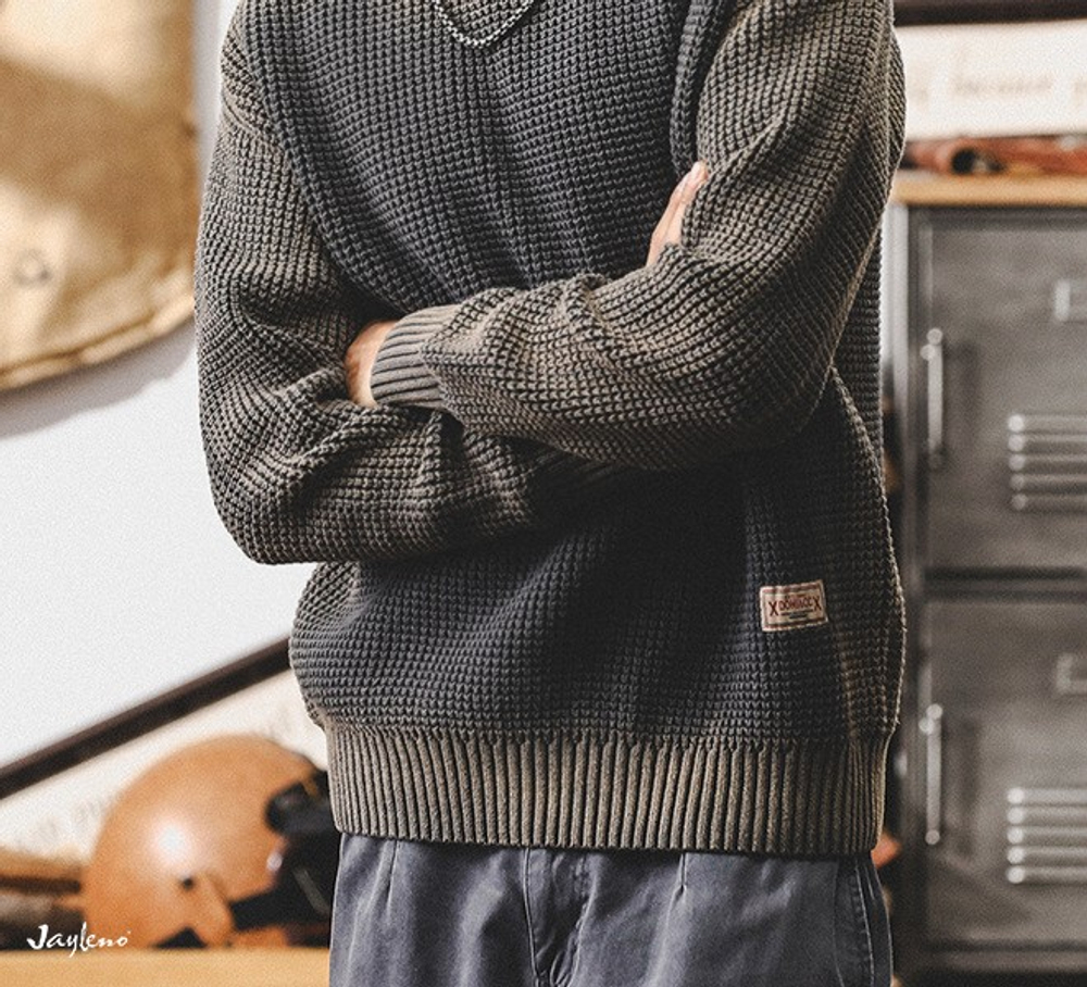 Американский ретро свитер мужской варёный с круглым воротом