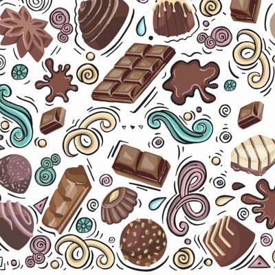 chocolates, chunks of chocolate, candies in colored wrappers on blue