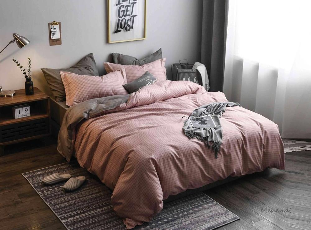 2-спальное постельное белье из поплина Клетка (простыня на резинке)