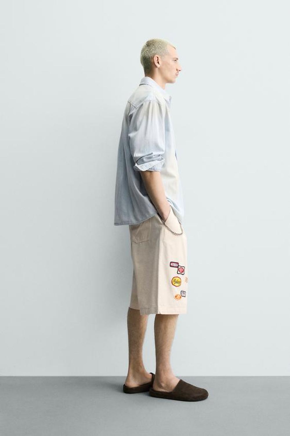 ZARA БЕРМУДЫ BAGGY FIT С НАШИВКАМИ, БЕЖЕВЫЙ